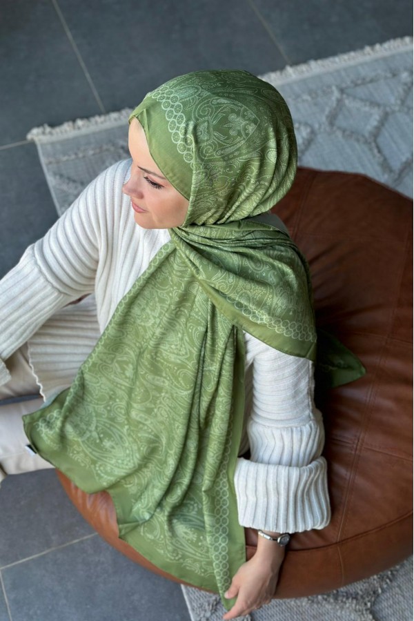 Retro Desen Soft Pamuk Şal - Çimen Yeşili