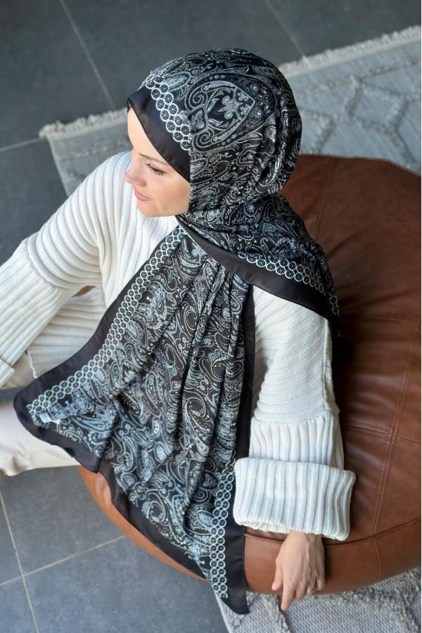 Retro Desen Soft Pamuk Şal - Siyah 