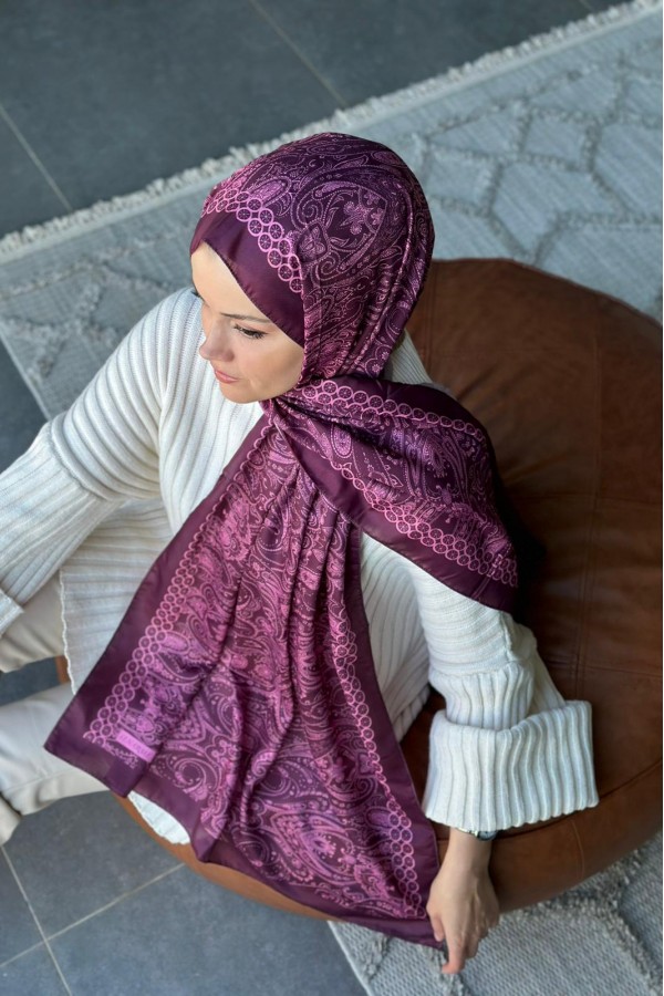 Retro Desen Soft Pamuk Şal - Mürdüm