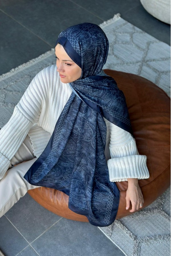 Retro Desen Soft Pamuk Şal - Lacivert