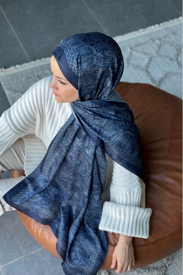 Retro Desen Soft Pamuk Şal - Lacivert