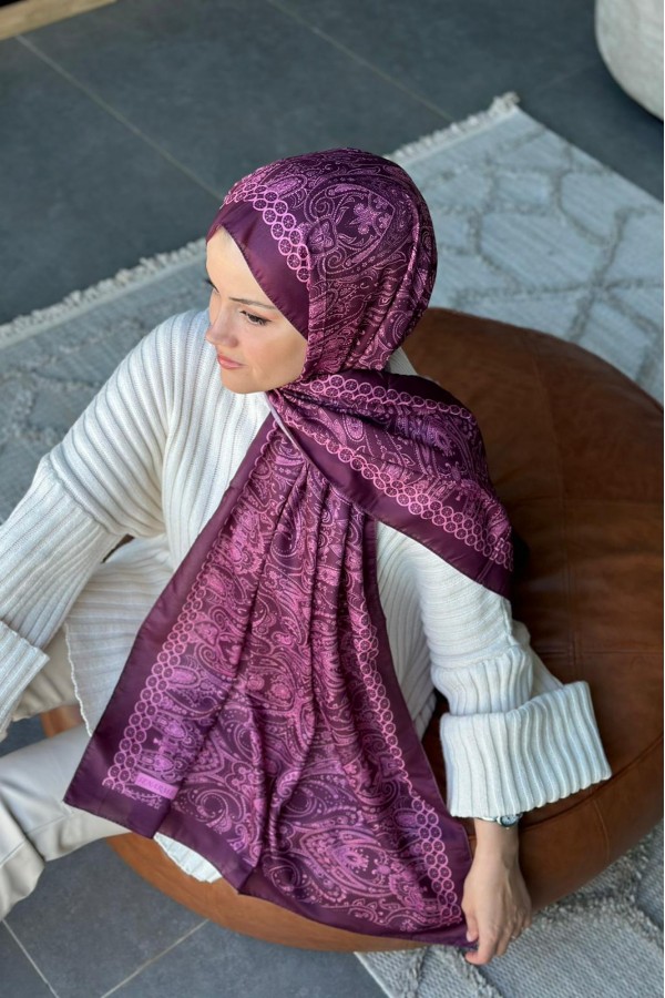 Retro Desen Soft Pamuk Şal - Mürdüm