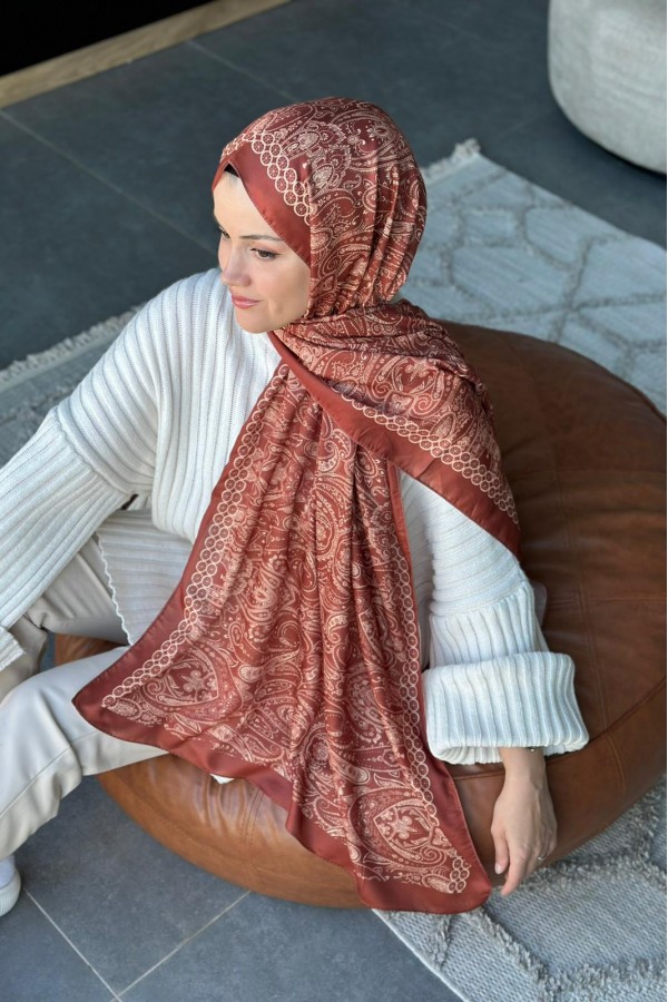 Retro Desen Soft Pamuk Şal - Tarçın