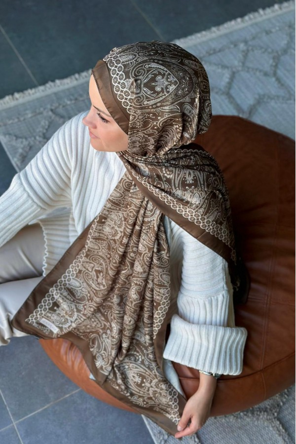 Retro Desen Soft Pamuk Şal - Haki