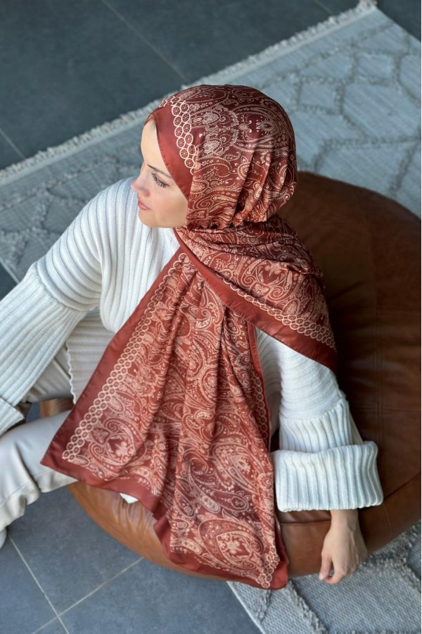 Retro Desen Soft Pamuk Şal - Tarçın