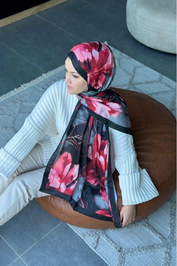 Garden Desen Soft Pamuk Şal - Siyah Kırmızı