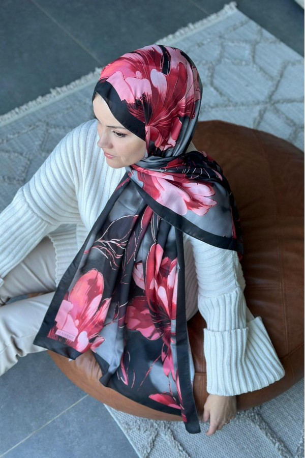 Garden Desen Soft Pamuk Şal - Siyah Kırmızı 