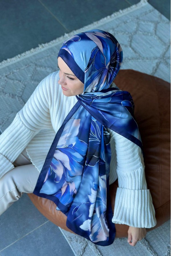 Garden Desen Soft Pamuk Şal - Lacivert