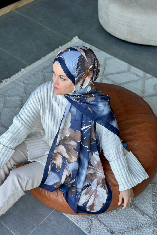 Garden Desen Soft Pamuk Şal - Lacivert Kahve