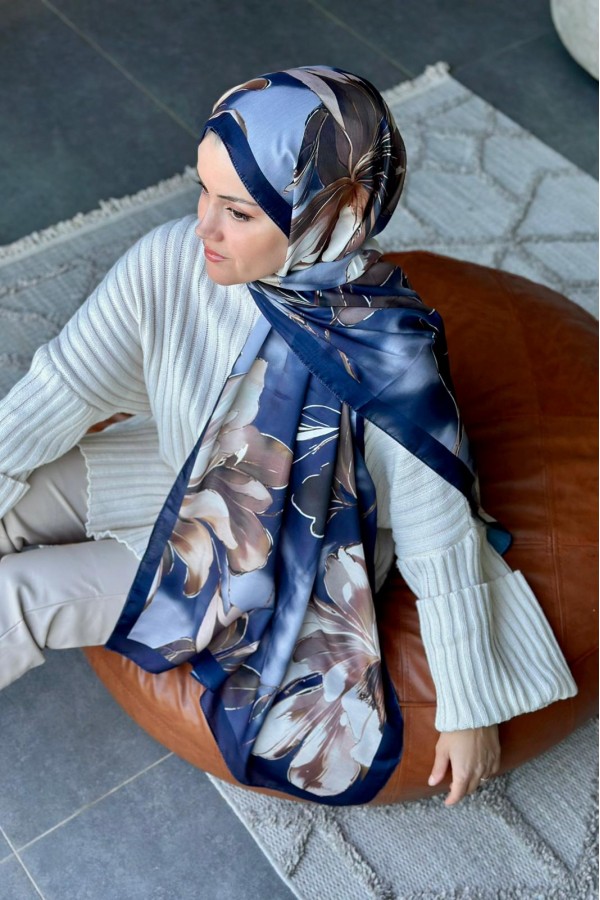 Garden Desen Soft Pamuk Şal - Lacivert Kahve