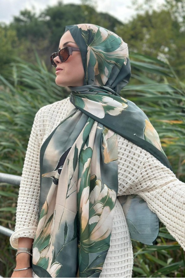 Garden Desen Soft Pamuk Şal - Yeşil