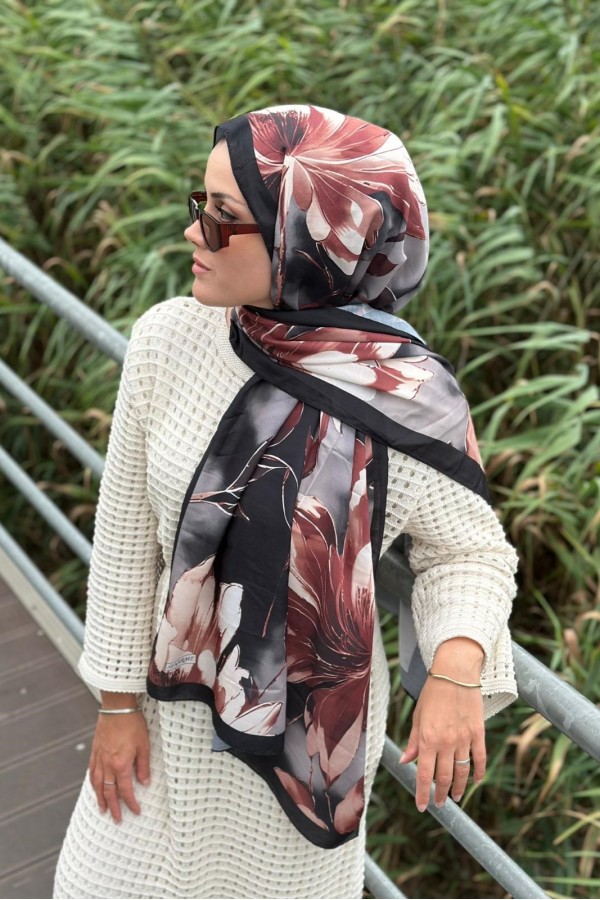 Garden Desen Soft Pamuk Şal - Siyah-Kahve 