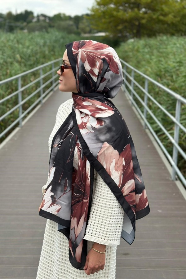 Garden Desen Soft Pamuk Şal - Siyah-Kahve 