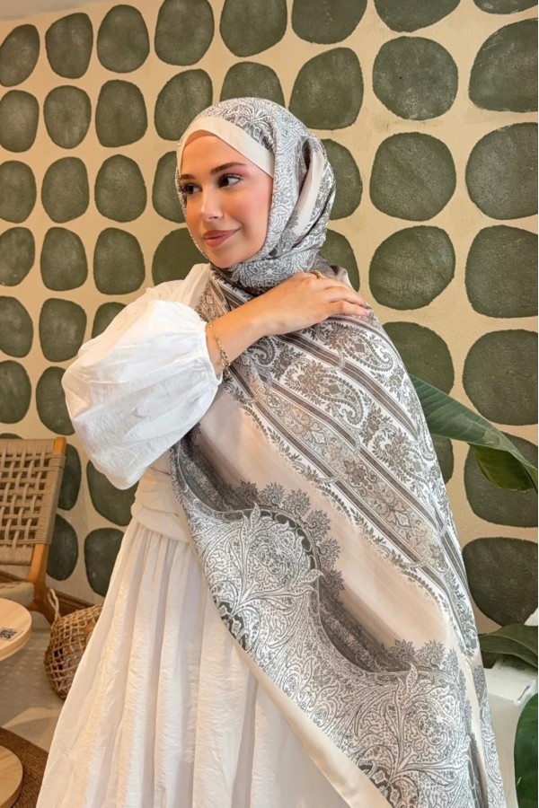 Retro Desen Soft Pamuk Şal - Bej