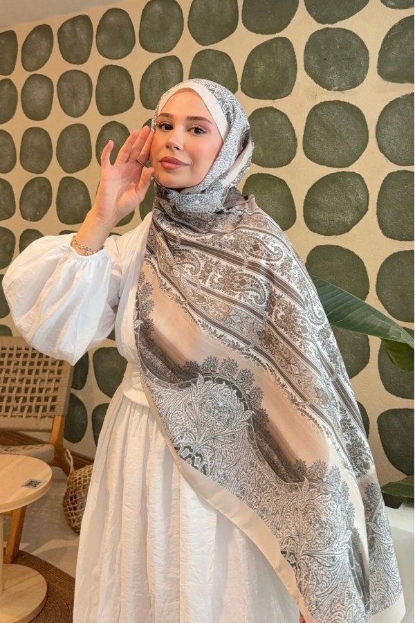 Retro Desen Soft Pamuk Şal - Bej