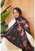 Rose Desen Soft Pamuk Şal - Siyah Bordo