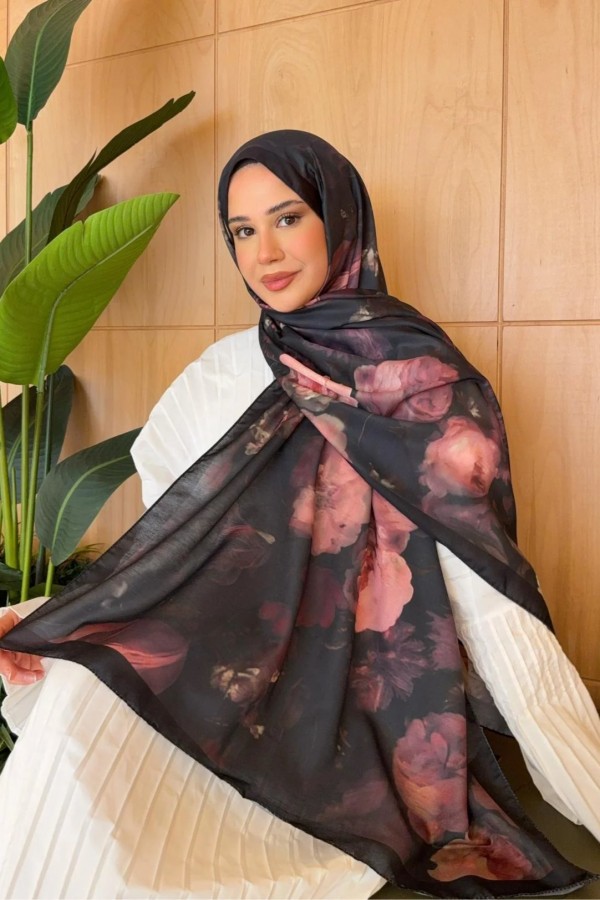 Rose Desen Soft Pamuk Şal - Siyah Bordo
