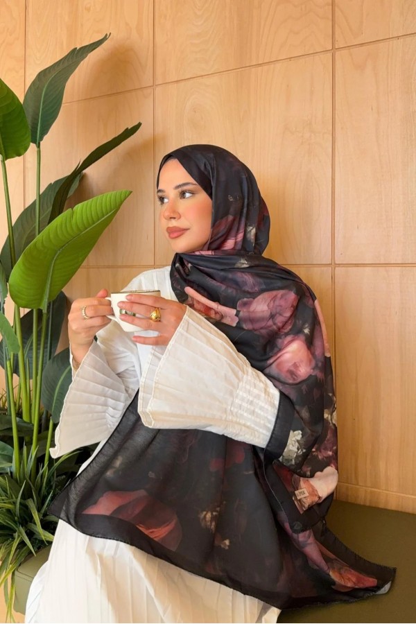 Rose Desen Soft Pamuk Şal - Siyah Bordo