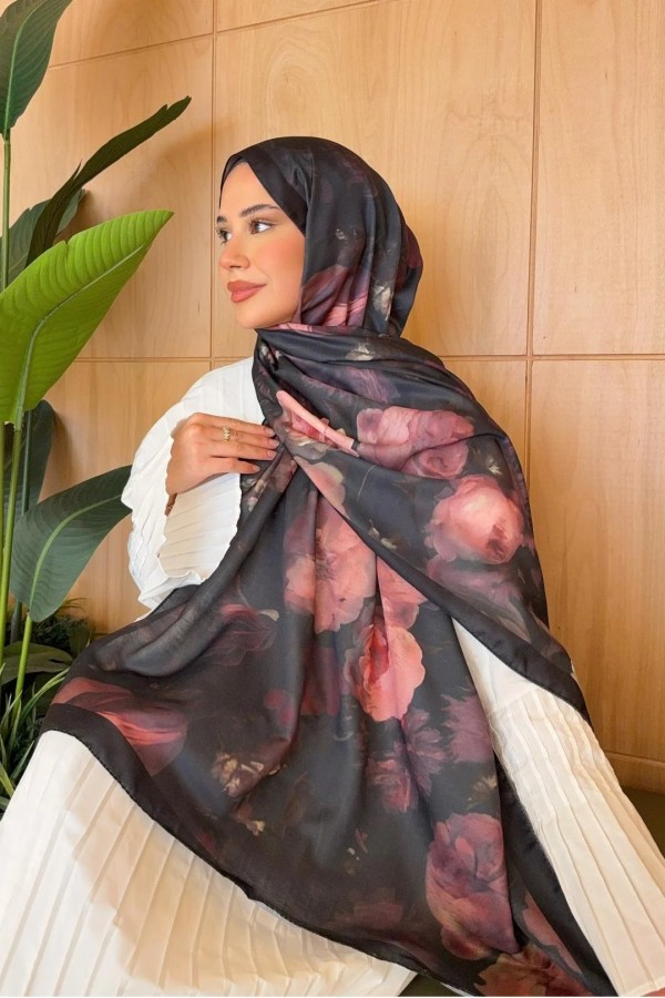 Rose Desen Soft Pamuk Şal - Siyah Bordo