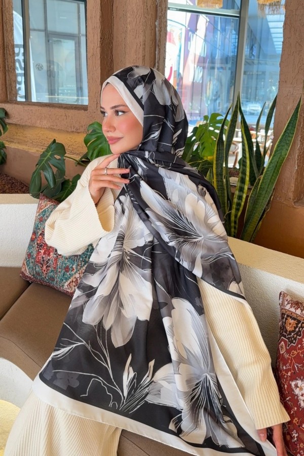 Marline Desen Soft Pamuk Şal - Siyah Beyaz