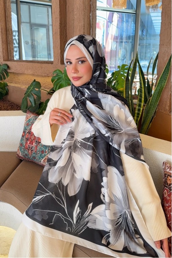 Marline Desen Soft Pamuk Şal - Siyah Beyaz