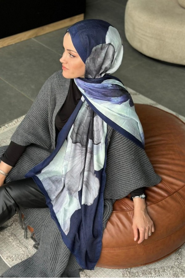 Flora Desen Pamuk Kraş Şal - Lacivertt