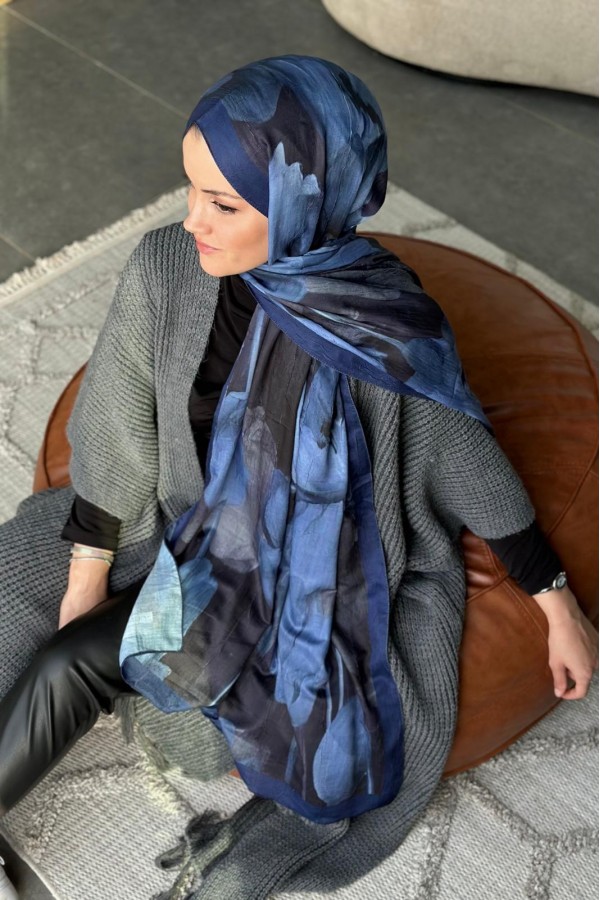 Forest Desen Pamuk Kraş Şal - Lacivert