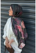 Rose Desen Soft Pamuk Şal - Siyah Bordo