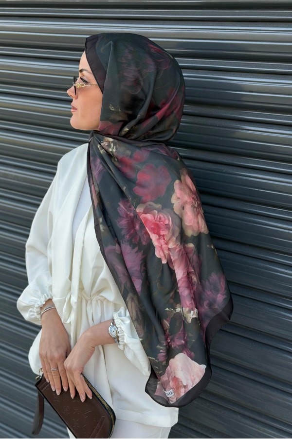 Rose Desen Soft Pamuk Şal - Siyah Bordo
