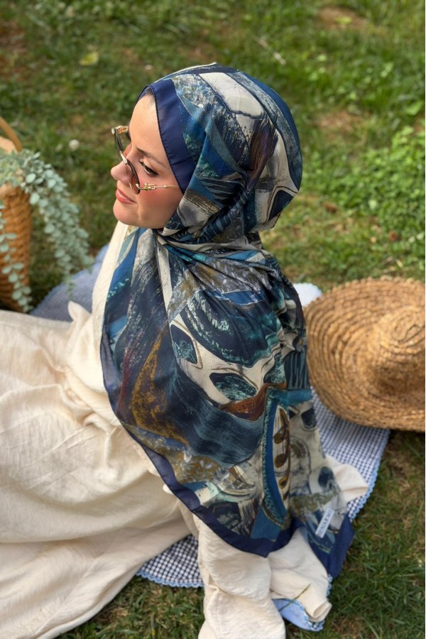 Hifa Desen Soft Pamuk Şal - Lacivert