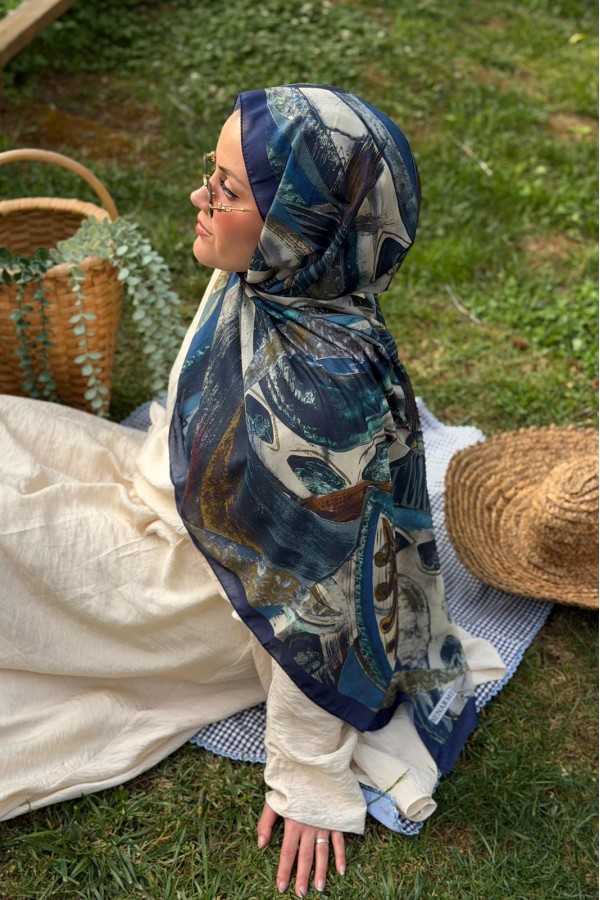 Hifa Desen Soft Pamuk Şal - Lacivert