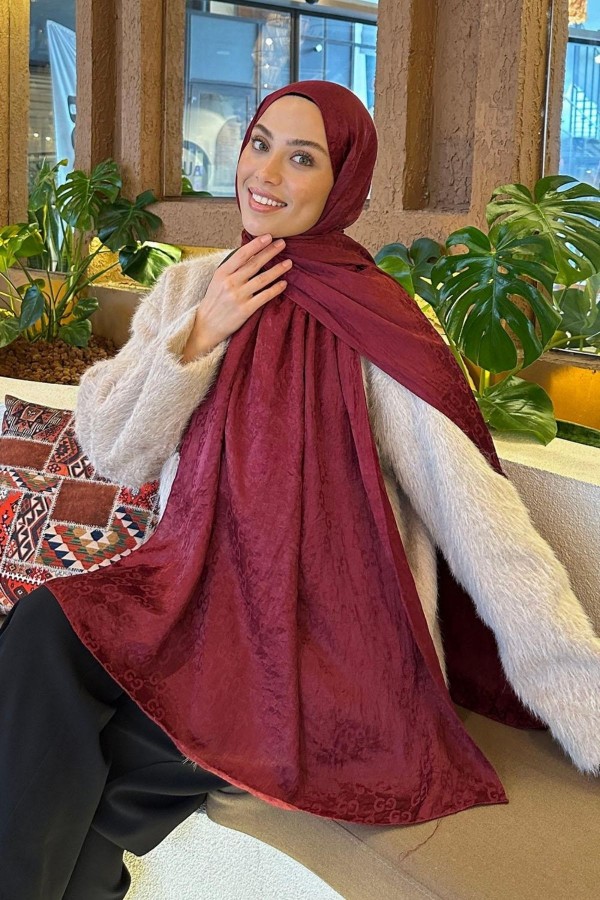 G Desen Ayrobin Pamuk Jakar Şal - Bordo