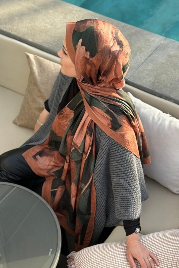 Flora Desen Pamuk Kraş Şal - Kiremit