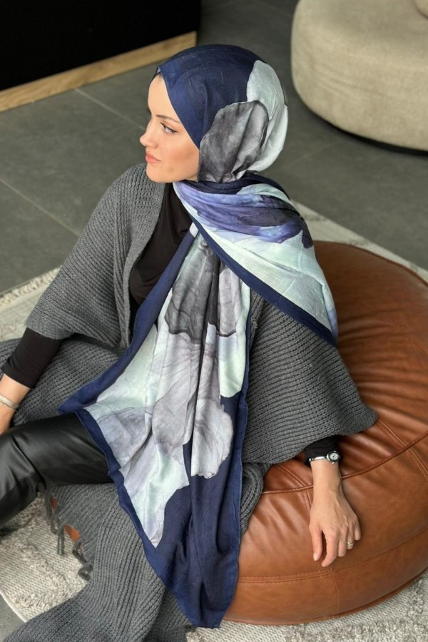 Flora Desen Pamuk Kraş Şal - Lacivertt