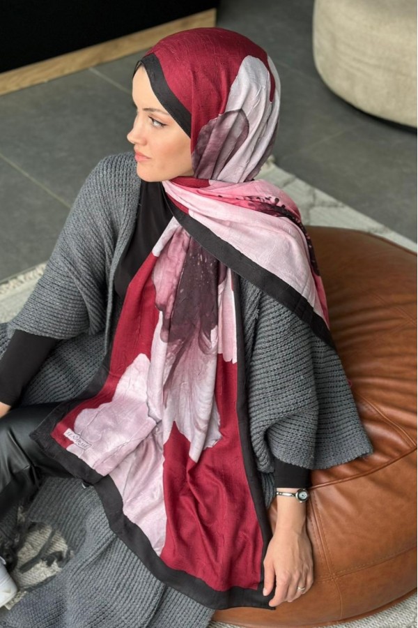 Forest Desen Pamuk Kraş Şal - Bordo