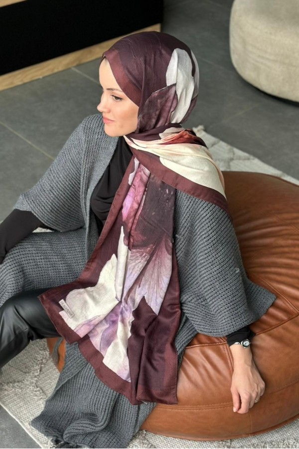 Forest Desen Pamuk Kraş Şal - Kızıl  Kahve