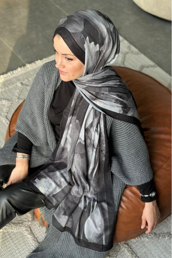 Flora Desen Pamuk Kraş Şal - Siyah