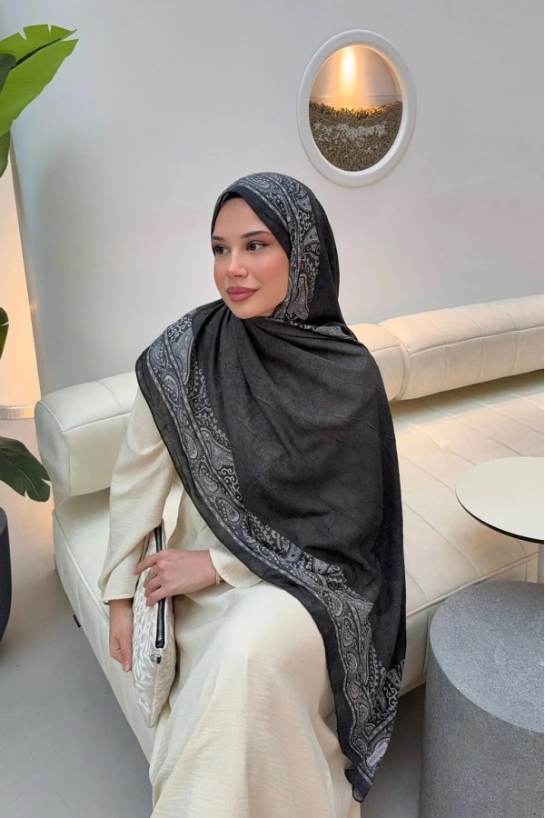 Zerafet Desen Soft Pamuk Şal - Siyah Antrasit