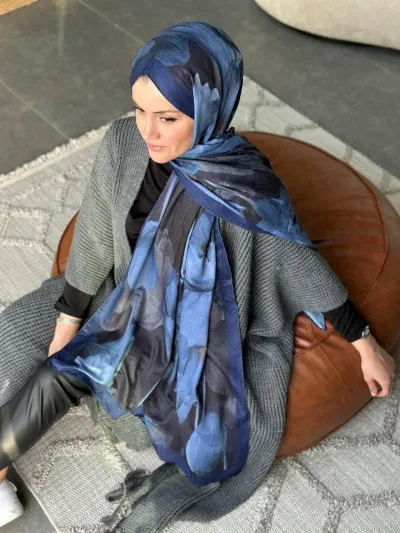 Flora Desen Soft Pamuk Şal - Lacivertt