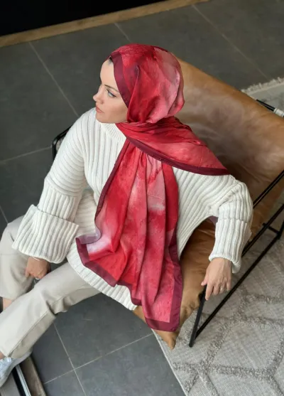 Water Color Desen Soft Pamuk Şal - Bordo