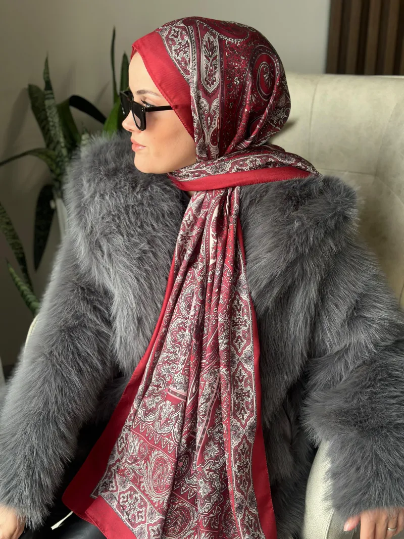 Özel Seri Etro Desen Soft Pamuk Şal -  Bordo - 2