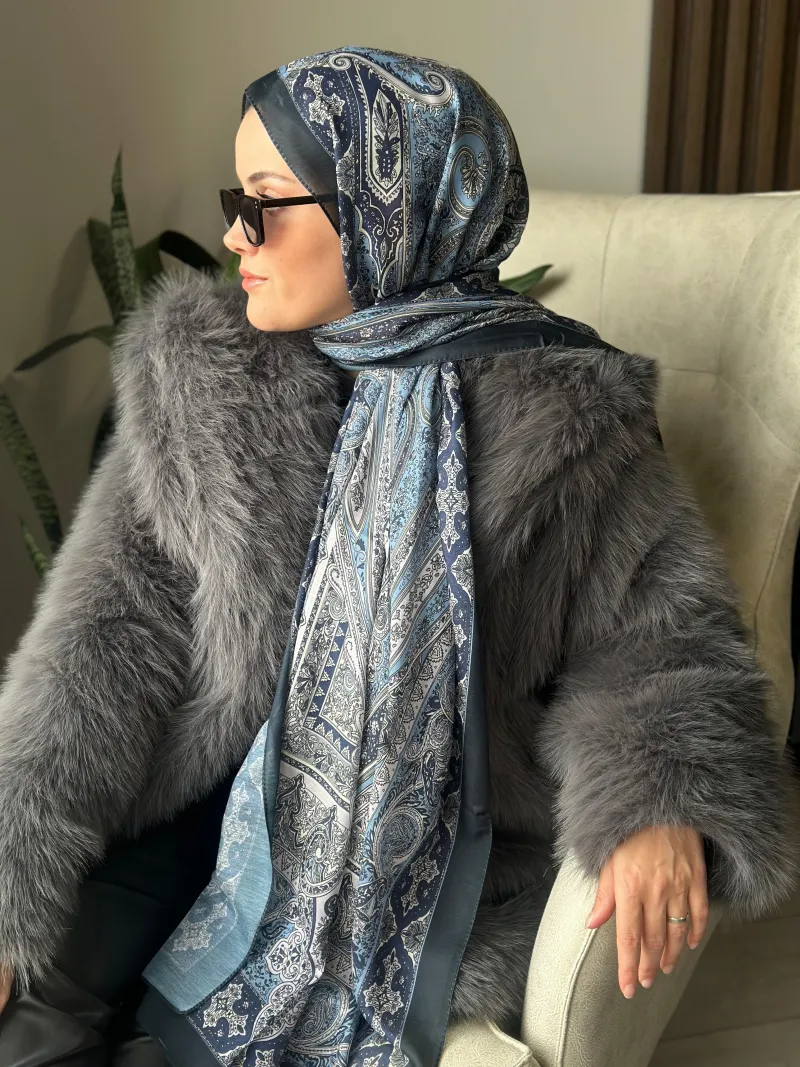 Özel Seri Etro Desen Soft Pamuk Şal -  Lacivert - 2
