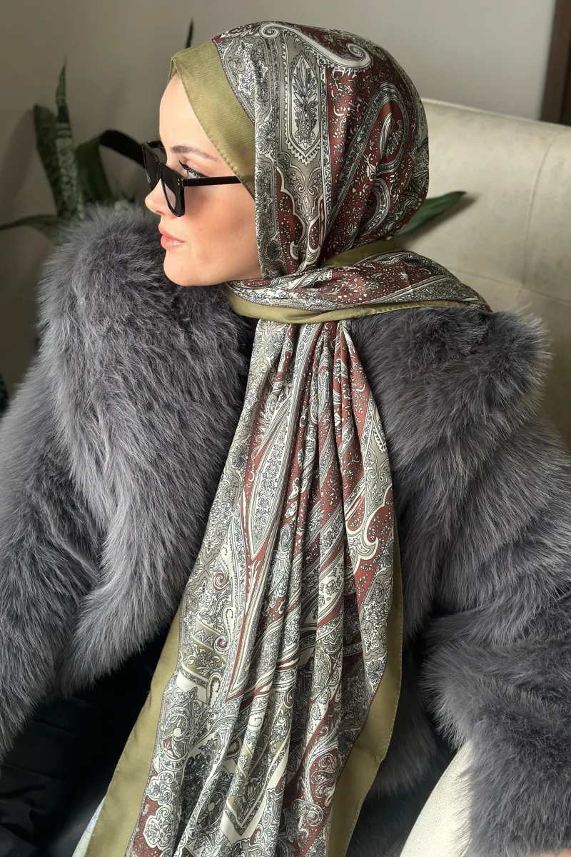 Özel Seri Etro Desen Soft Pamuk Şal -  Olive Yeşil  - 2