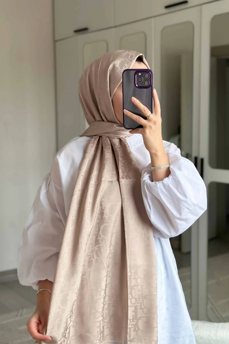 D Desen İpeksi Jakar Şal - Bej - 2