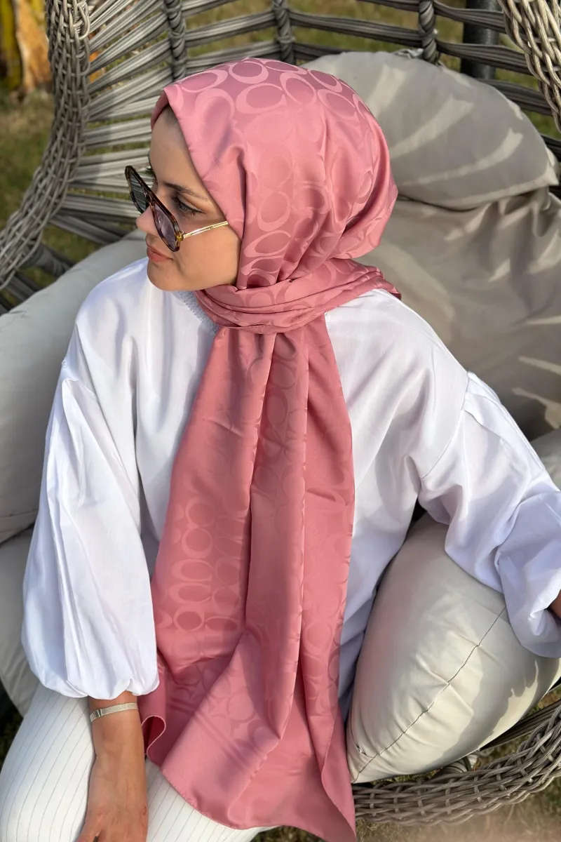 C Desen İpeksi Jakar Şal - Pudra Pembe - 2