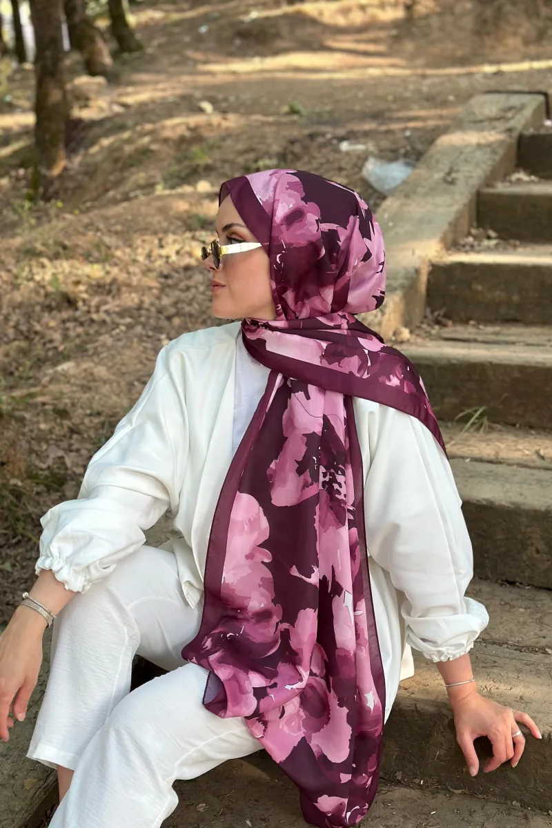 Botanik Desen Soft Pamuk Şal - Mor - 3