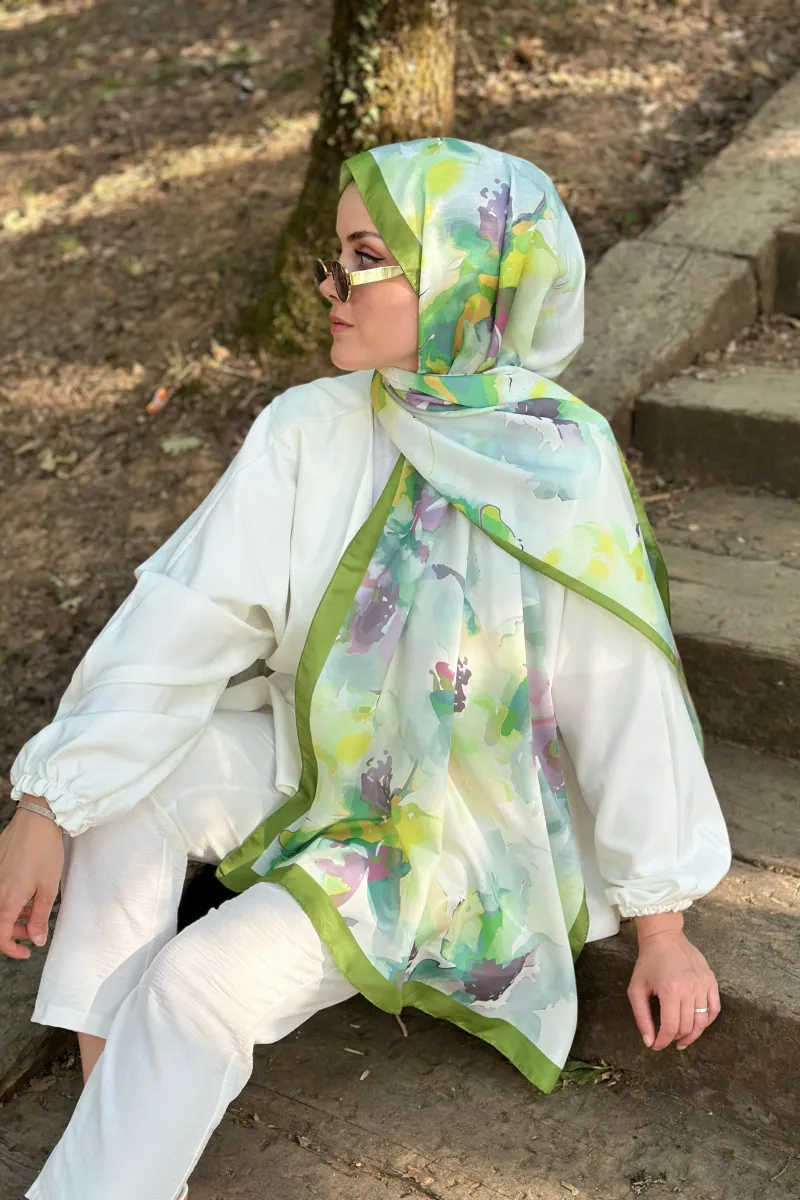 Botanik Desen Soft Pamuk Şal - Yeşil  - 3