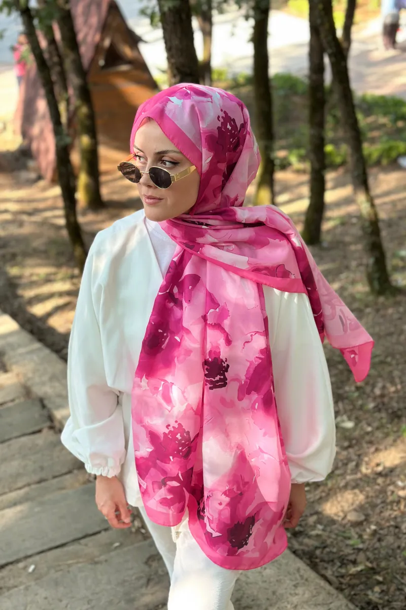 Botanik Desen Soft Pamuk Şal - Fuşyaa - 2
