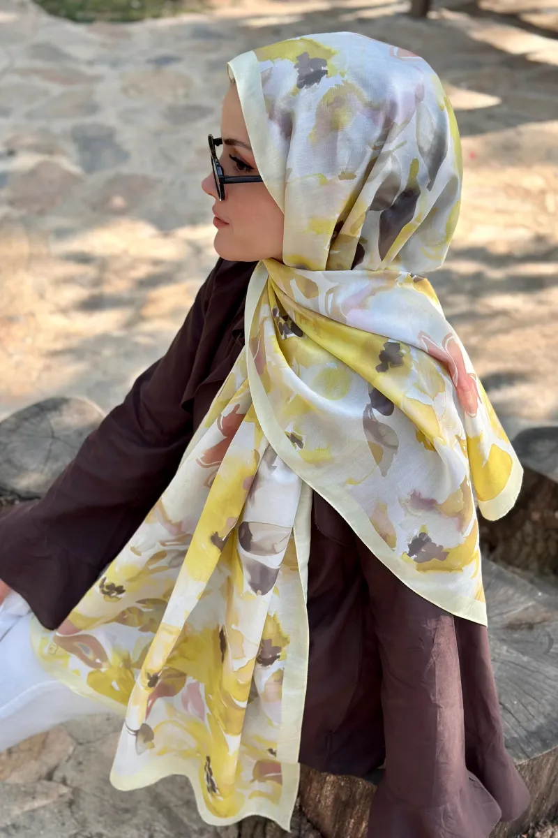 Flower Desen Soft Pamuk Şal - Butter Yellow - 2