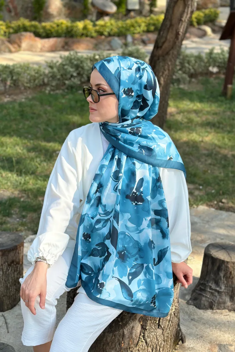 Flower Desen Soft Pamuk Şal - Mavi